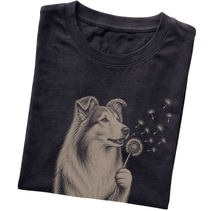 Black T-shirt featuring Dandelion Collie, folded presentation