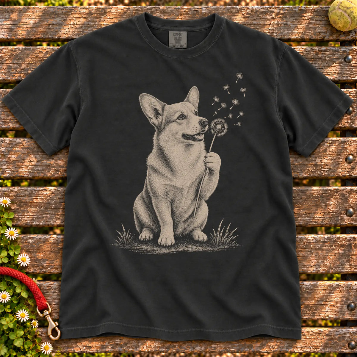 Dandelion Corgi design on a Black Comfort Colors T-shirt, shown flat
