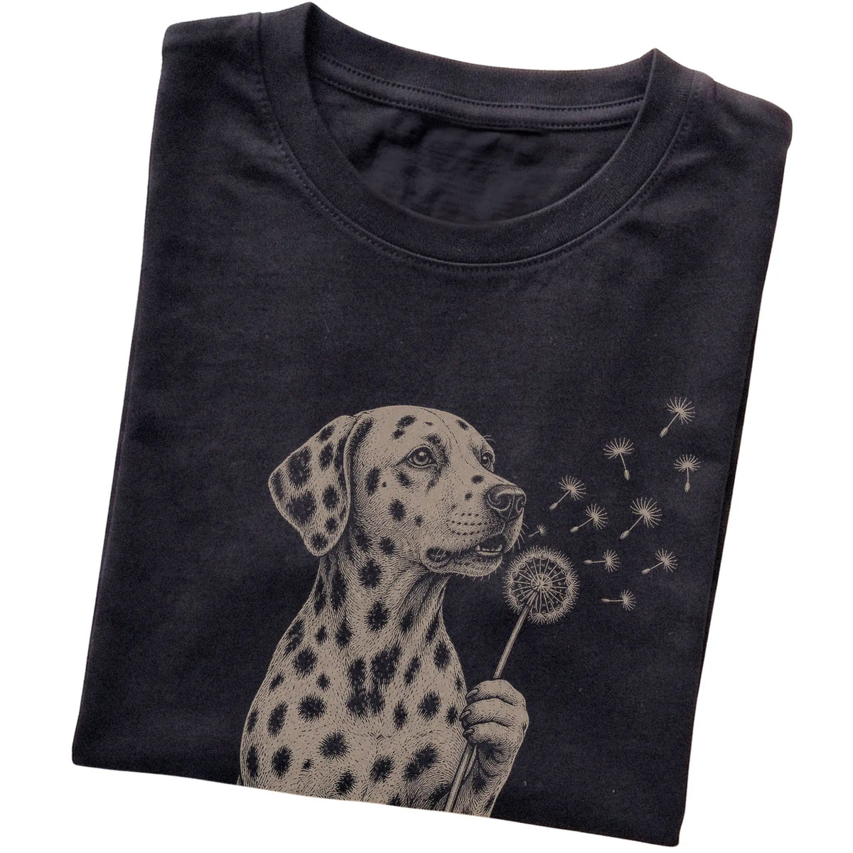 Black T-shirt featuring Dandelion Dalmatian, folded presentation