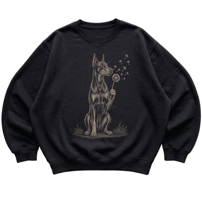Black crewneck sweatshirt featuring Dandelion Doberman, laid-flat presentation