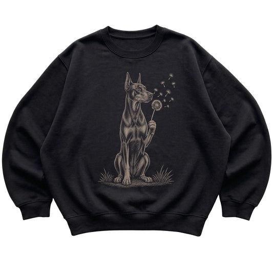 Black crewneck sweatshirt featuring Dandelion Doberman, laid-flat presentation