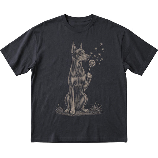 Black T-shirt featuring Dandelion Doberman, laid-flat presentation