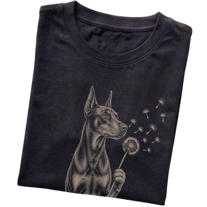 Black T-shirt featuring Dandelion Doberman, folded presentation