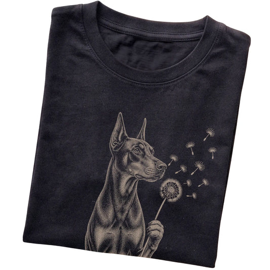 Black T-shirt featuring Dandelion Doberman, folded presentation