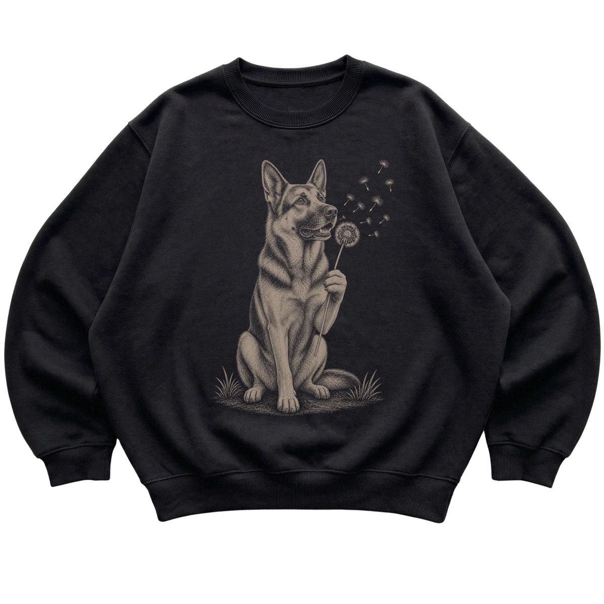 Black crewneck sweatshirt featuring Dandelion German Shepherd, laid-flat presentation