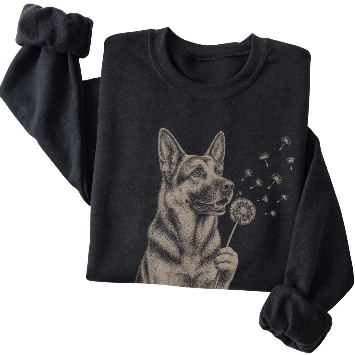 Black crewneck sweatshirt featuring Dandelion German Shepherd, folded presentation