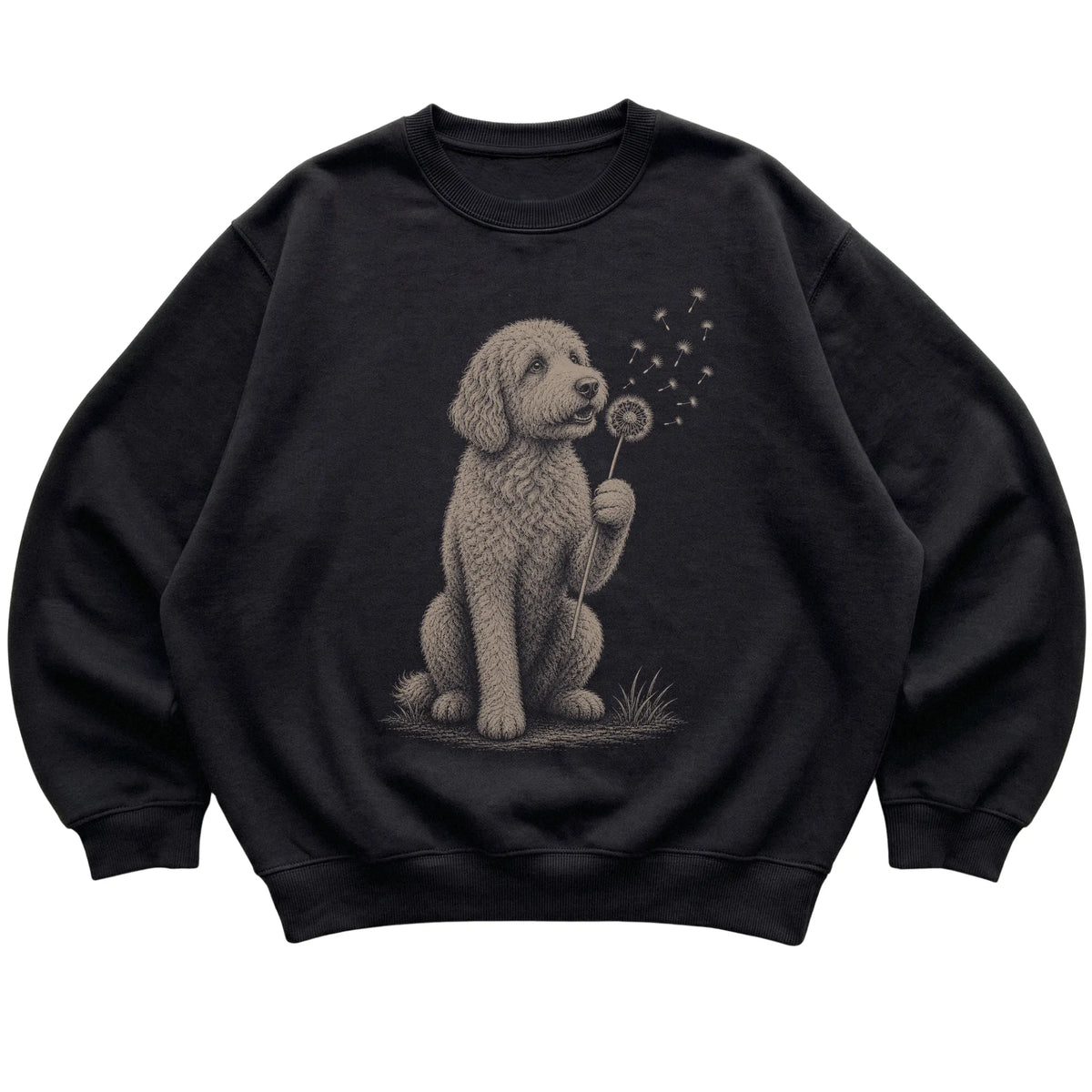 Black crewneck sweatshirt featuring Dandelion Goldendoodle, laid-flat presentation