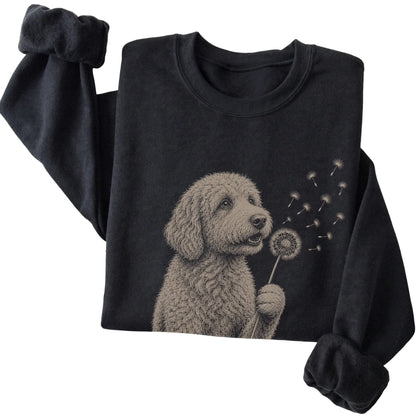 Black crewneck sweatshirt featuring Dandelion Goldendoodle, folded presentation