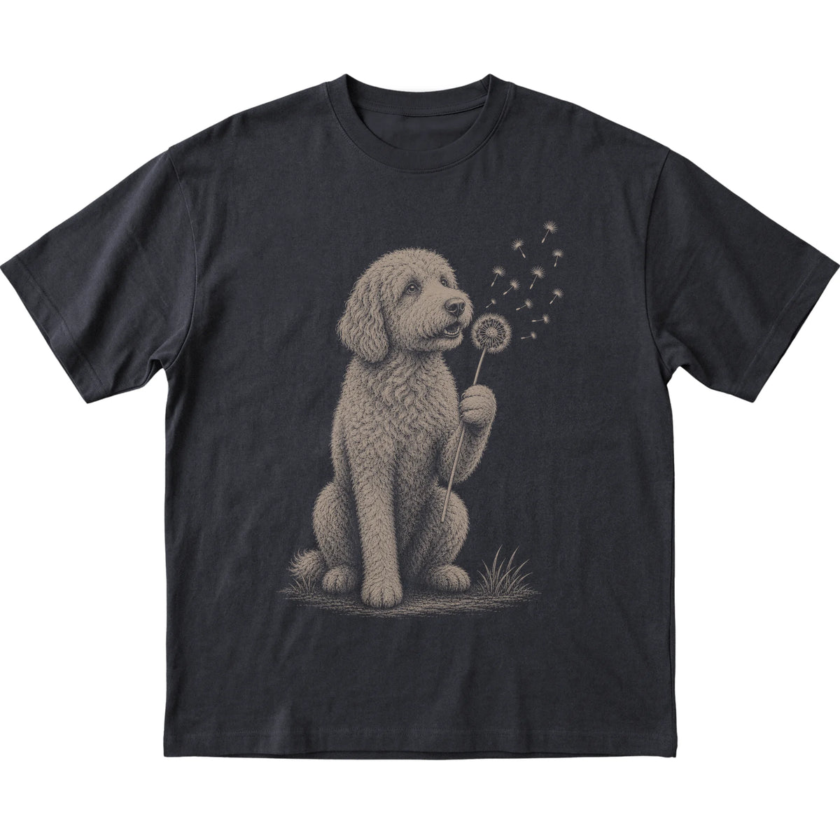 Black T-shirt featuring Dandelion Goldendoodle, laid-flat presentation