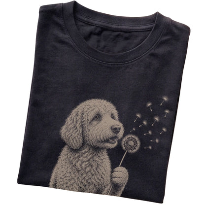 Black T-shirt featuring Dandelion Goldendoodle, folded presentation