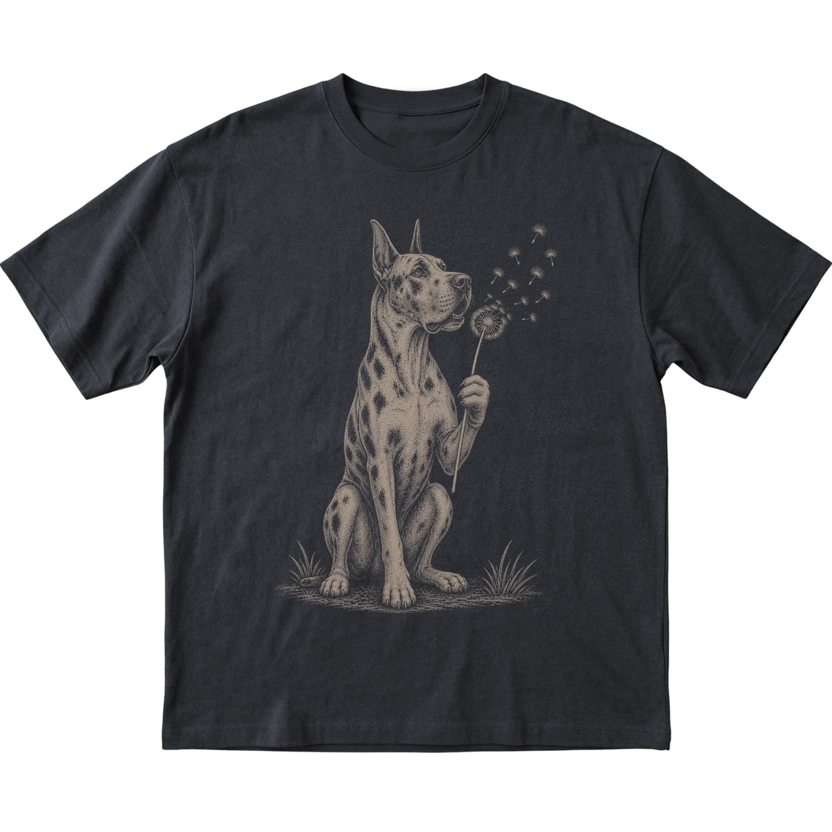 Black T-shirt featuring Dandelion Great Dane, laid-flat presentation