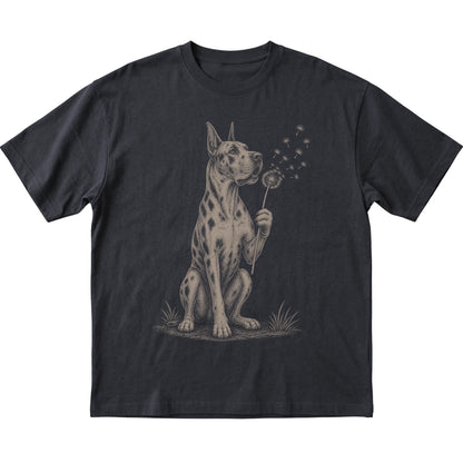 Black T-shirt featuring Dandelion Great Dane, laid-flat presentation