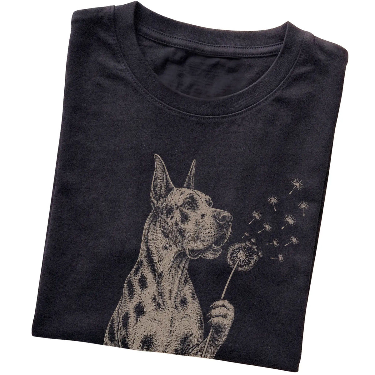 Black T-shirt featuring Dandelion Great Dane, folded presentation