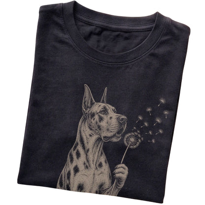 Black T-shirt featuring Dandelion Great Dane, folded presentation