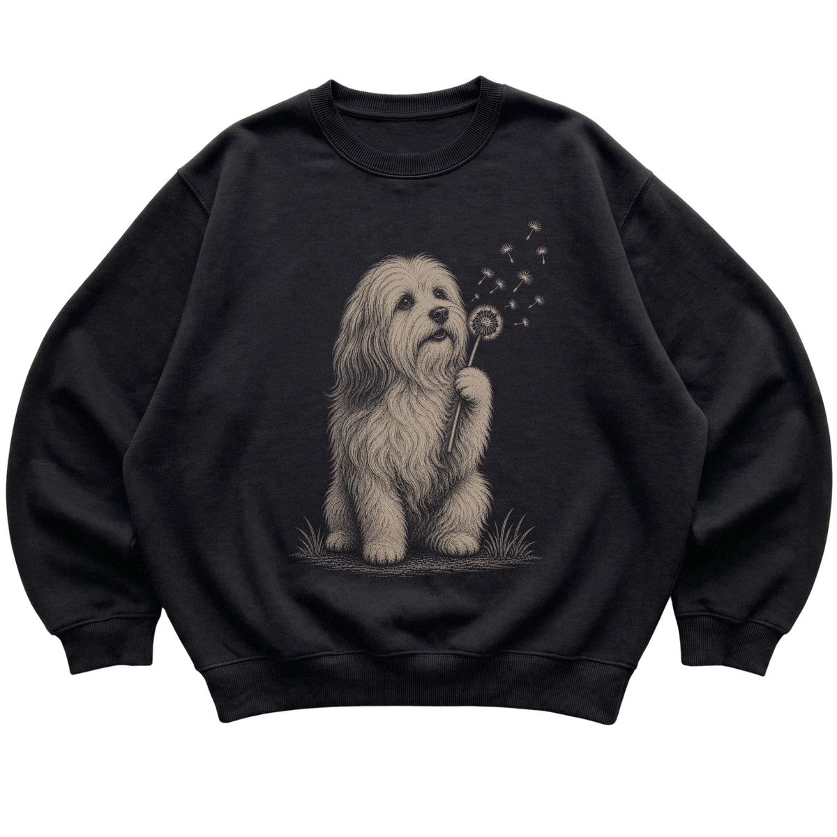 Black crewneck sweatshirt featuring Dandelion Havanese, laid-flat presentation