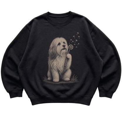 Black crewneck sweatshirt featuring Dandelion Havanese, laid-flat presentation