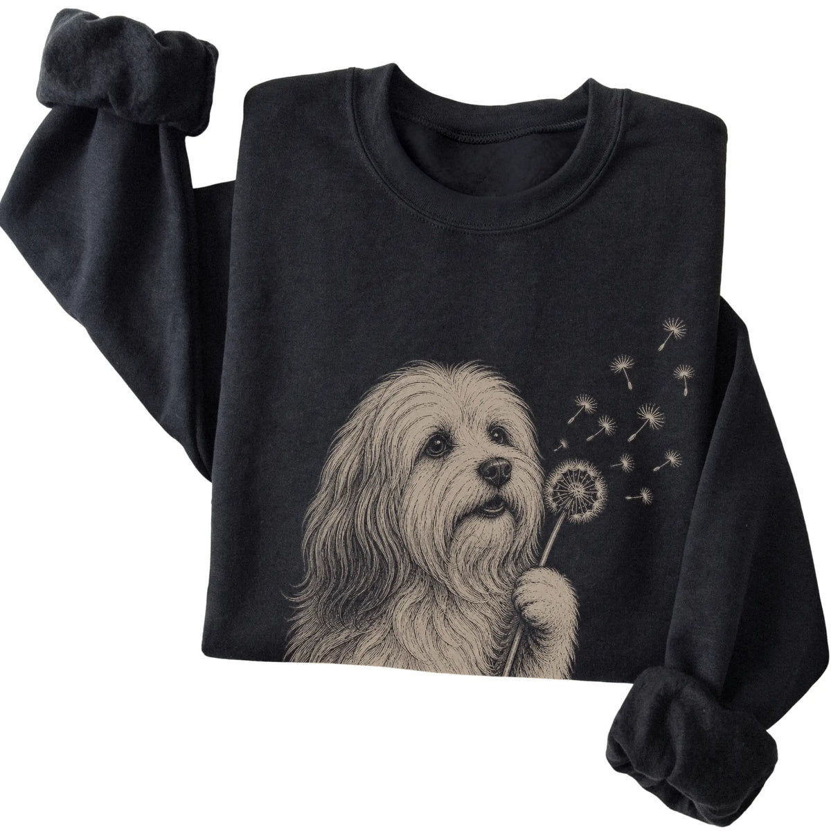 Black crewneck sweatshirt featuring Dandelion Havanese, folded presentation