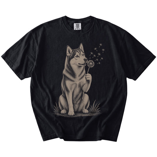 Husky portrait with drifting dandelion seeds on a Black Comfort Colors® T-shirt