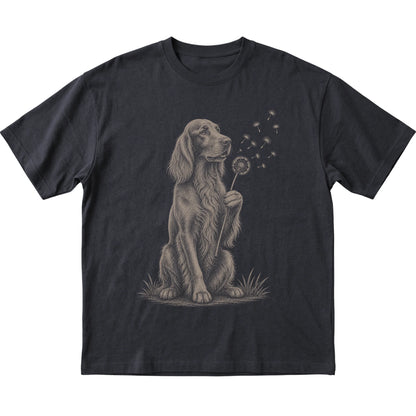 Black T-shirt featuring Dandelion Irish Setter, laid-flat presentation