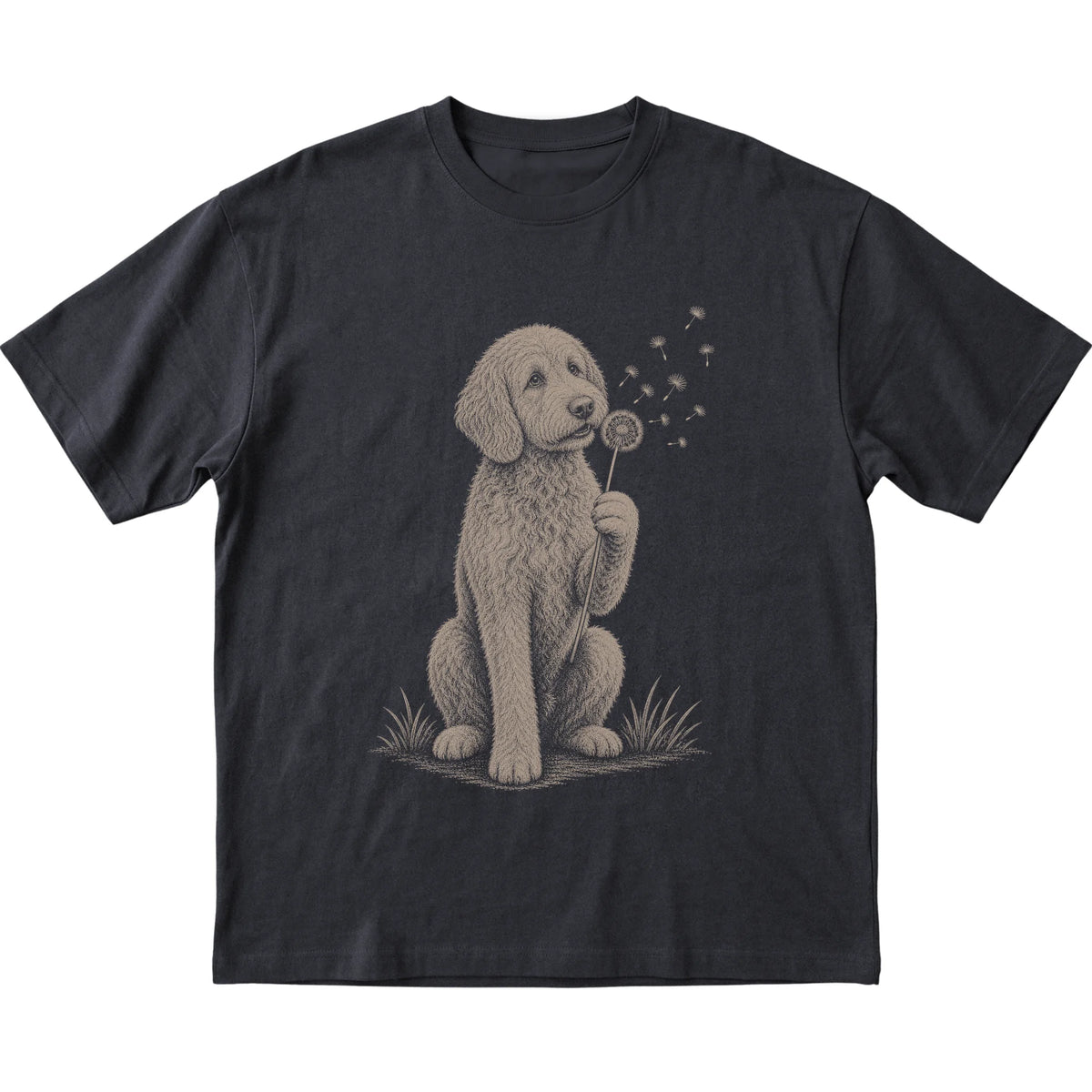 Black T-shirt featuring Dandelion Labradoodle, laid-flat presentation