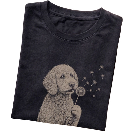 Black T-shirt featuring Dandelion Labradoodle, folded presentation