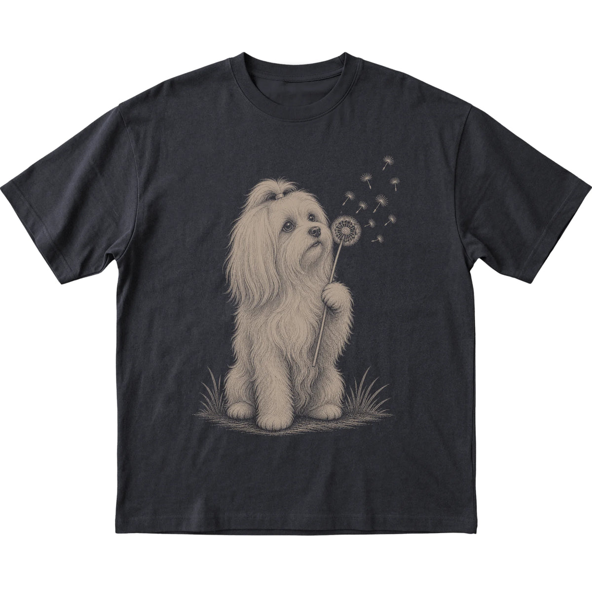 Black T-shirt featuring Dandelion Maltese, laid-flat presentation