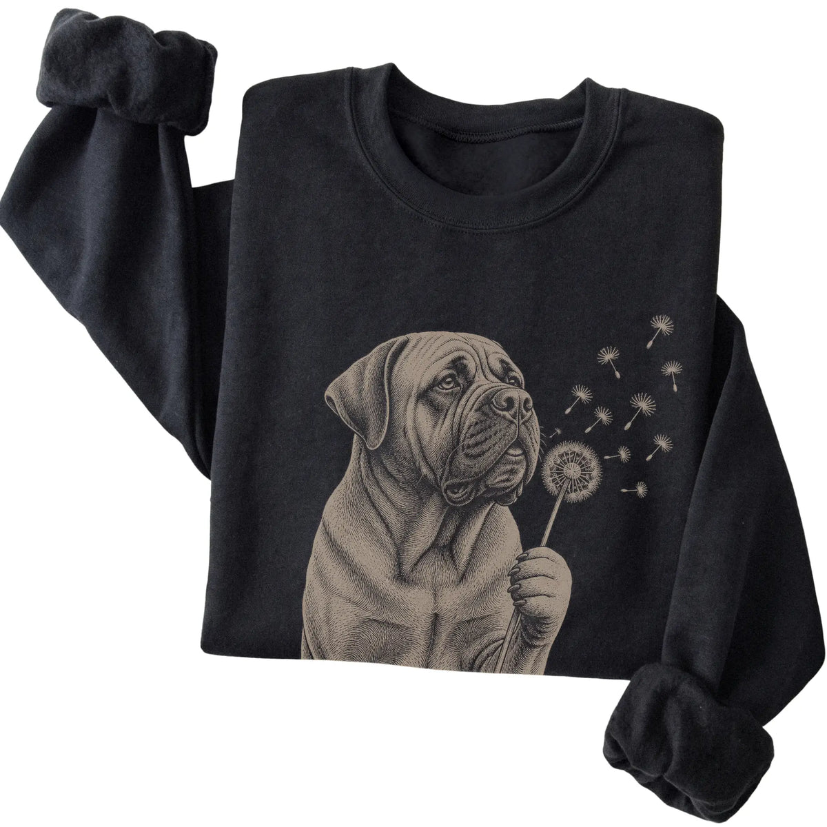 Black crewneck sweatshirt featuring Dandelion Mastiff, folded presentation