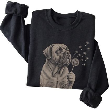 Black crewneck sweatshirt featuring Dandelion Mastiff, folded presentation