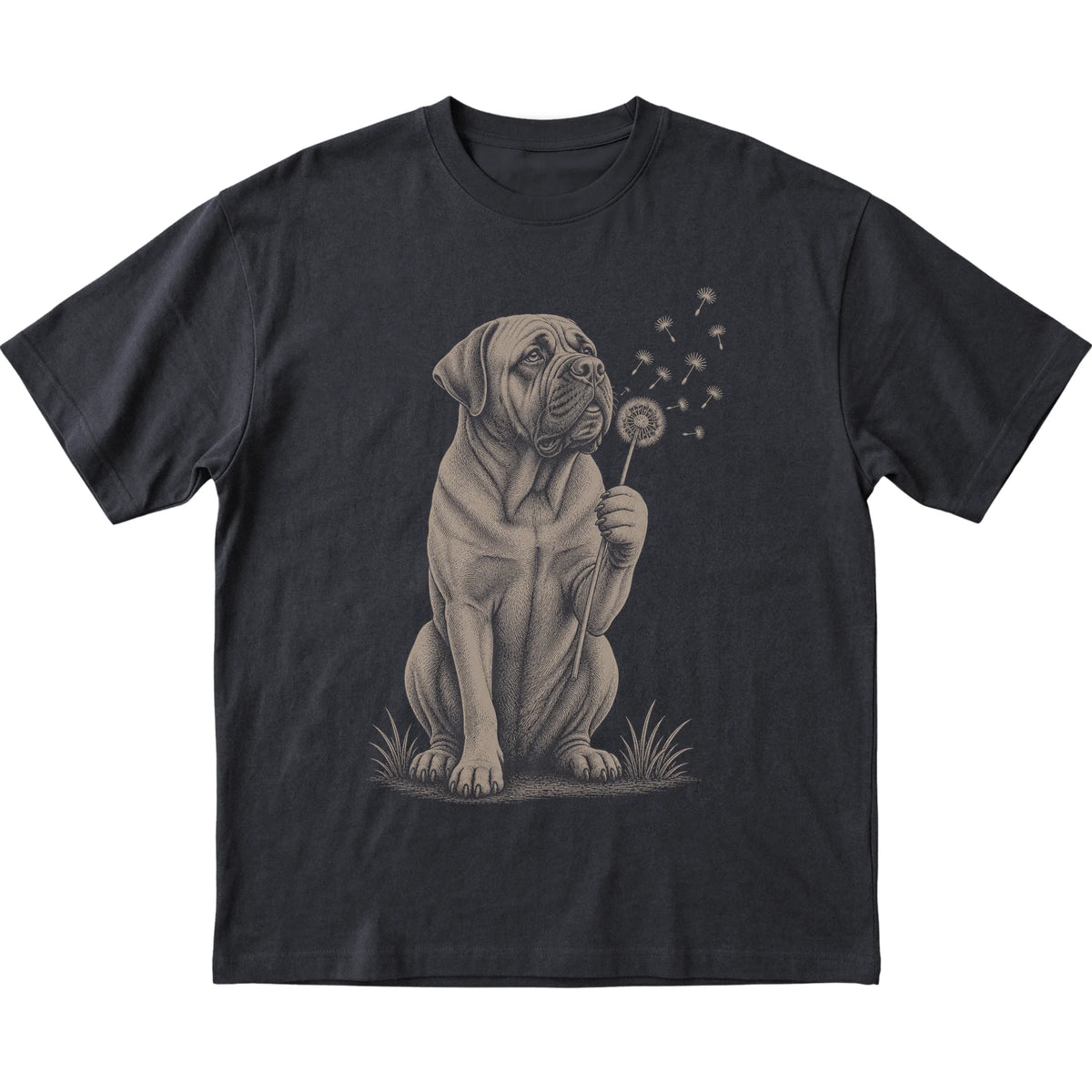 Black T-shirt featuring Dandelion Mastiff, laid-flat presentation