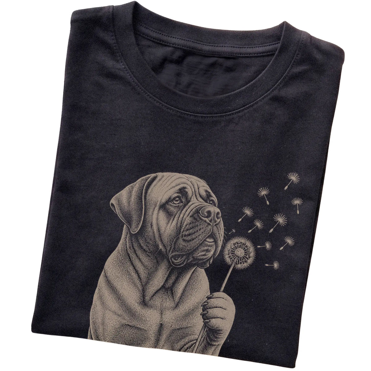 Black T-shirt featuring Dandelion Mastiff, folded presentation