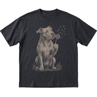 Black T-shirt featuring Dandelion Pitbull, laid-flat presentation