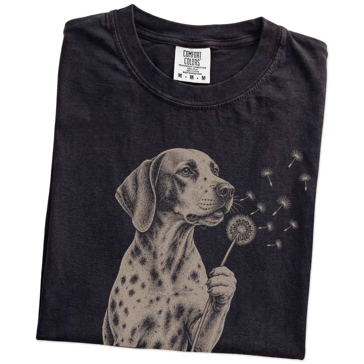 Folded Black Comfort Colors® T-shirt showing Pointer portrait with drifting dandelion seeds