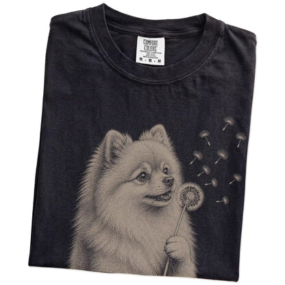 Folded Black Comfort Colors® T-shirt showing Pomeranian portrait with drifting dandelion seeds