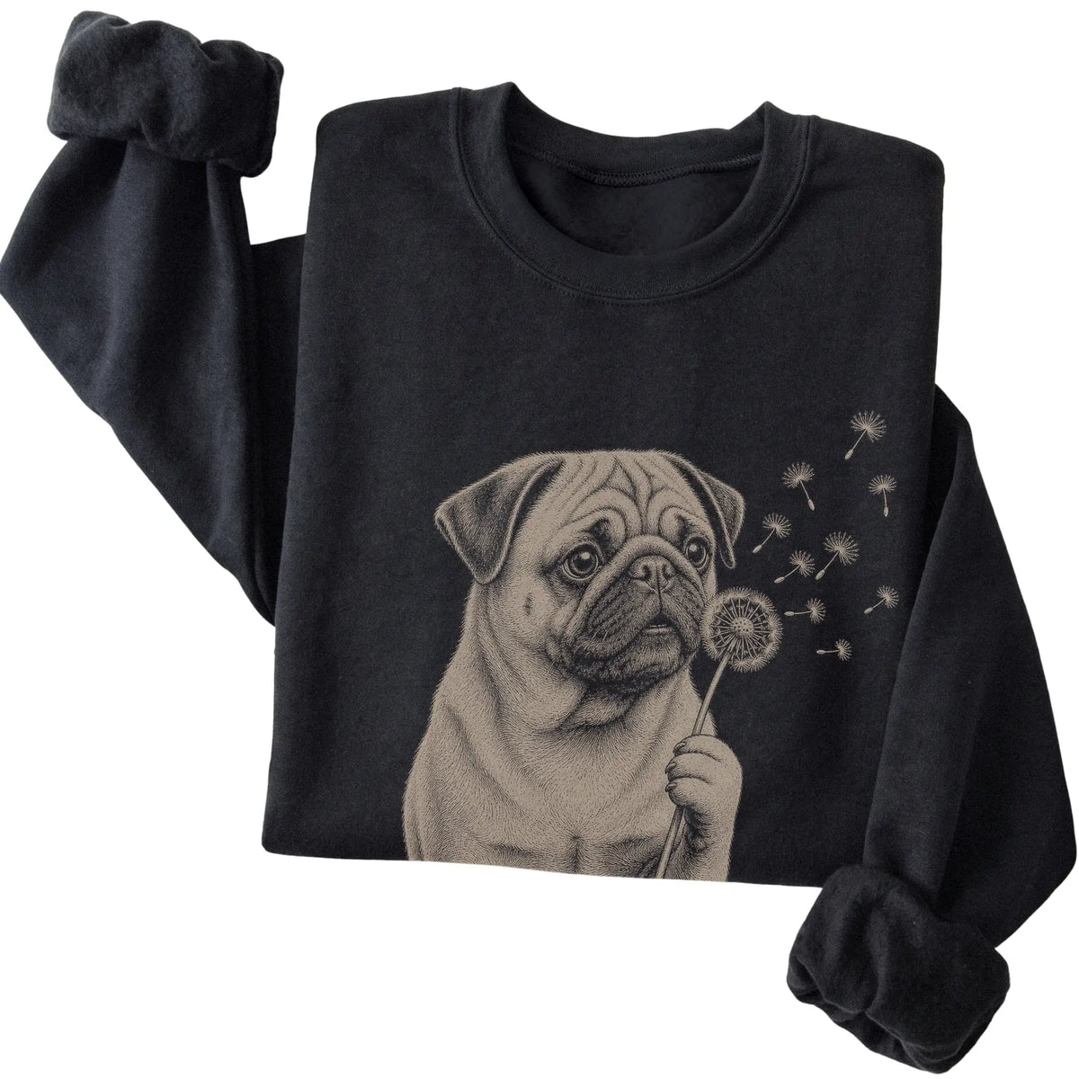 Black crewneck sweatshirt featuring Dandelion Pug, folded presentation