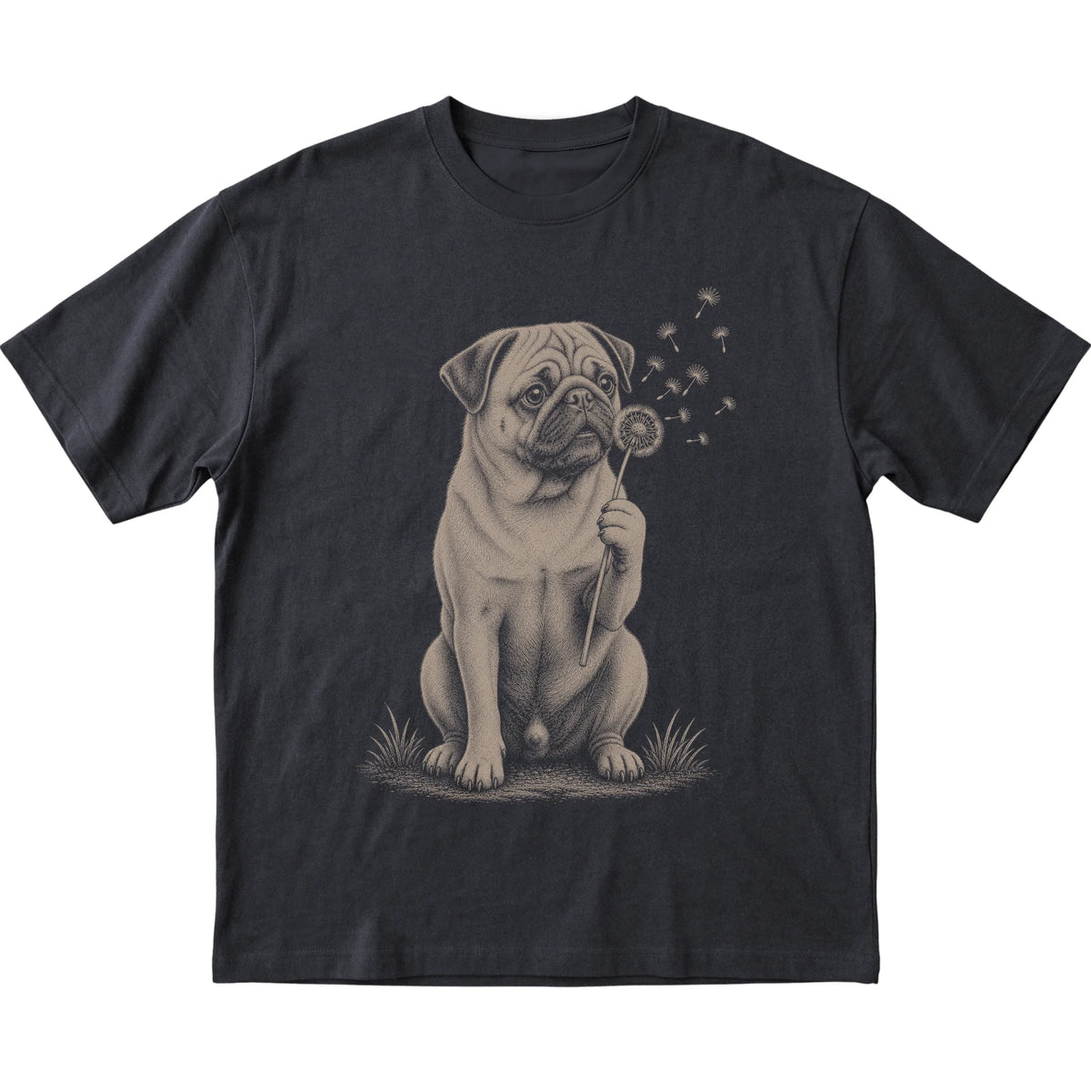 Black T-shirt featuring Dandelion Pug, laid-flat presentation