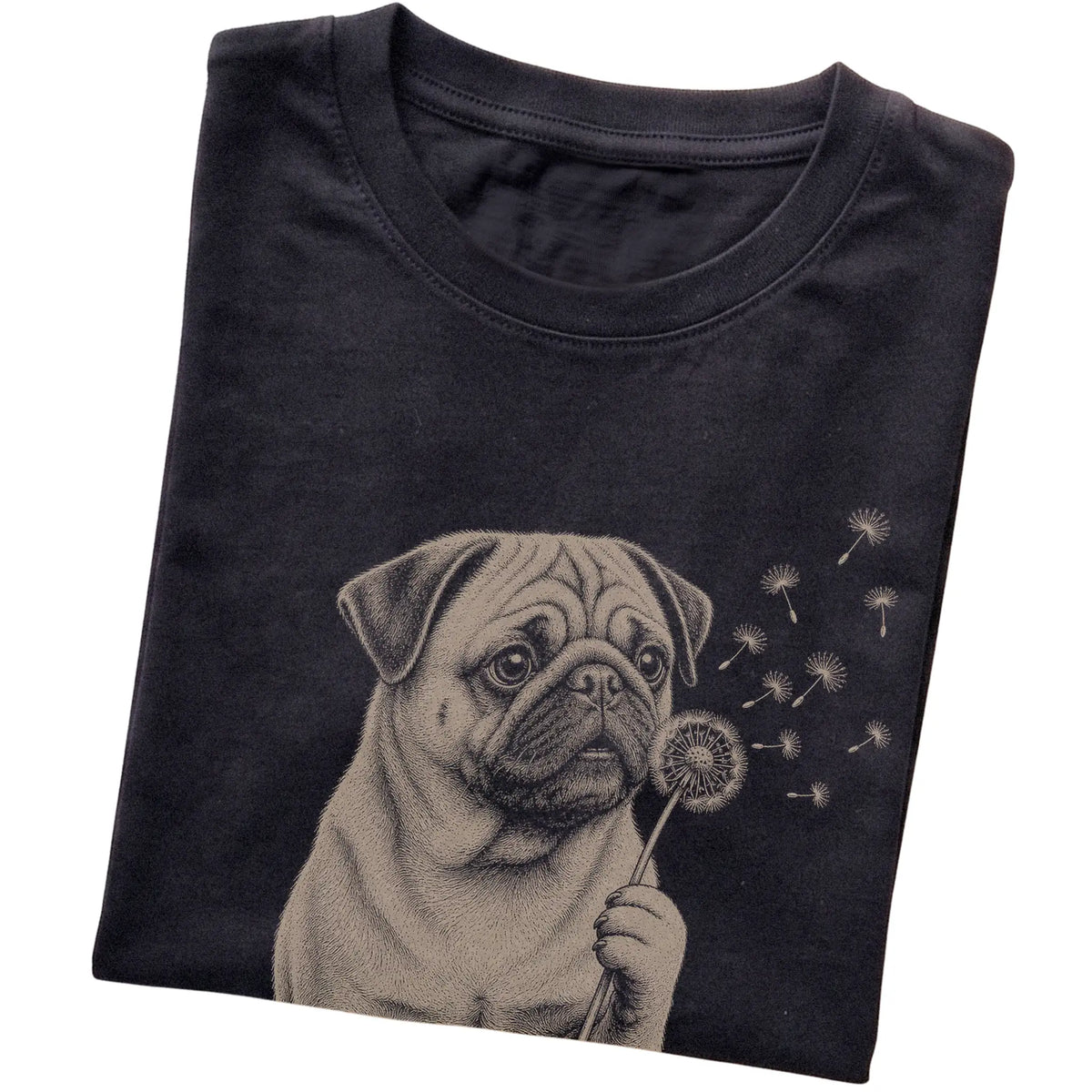 Black T-shirt featuring Dandelion Pug, folded presentation