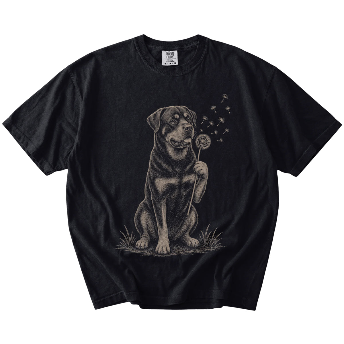 Rottweiler portrait with drifting dandelion seeds on a Black Comfort Colors® T-shirt