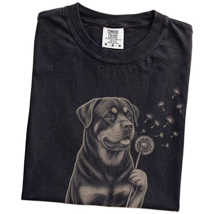 Folded Black Comfort Colors® T-shirt showing Rottweiler portrait with drifting dandelion seeds