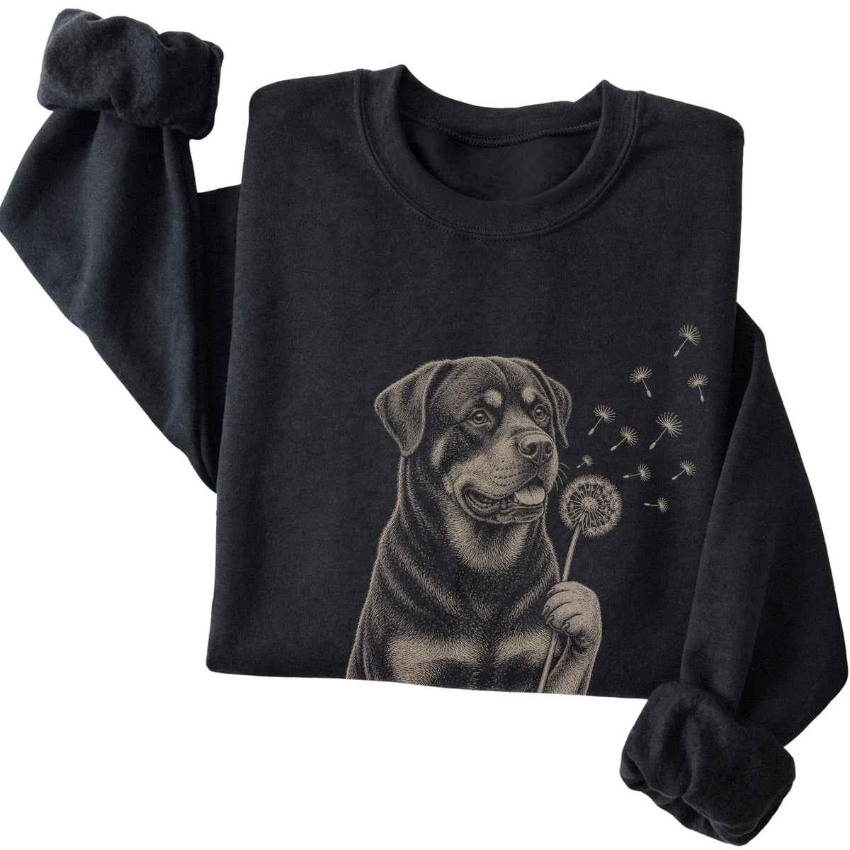 Black crewneck sweatshirt featuring Dandelion Rottweiler, folded presentation