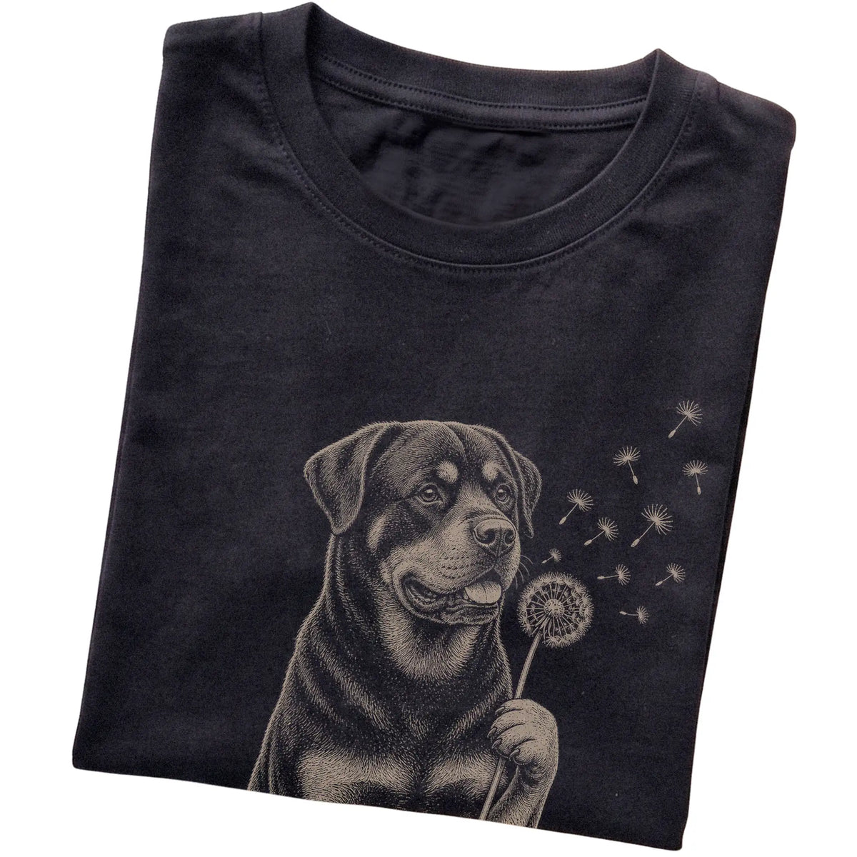 Black T-shirt featuring Dandelion Rottweiler, folded presentation