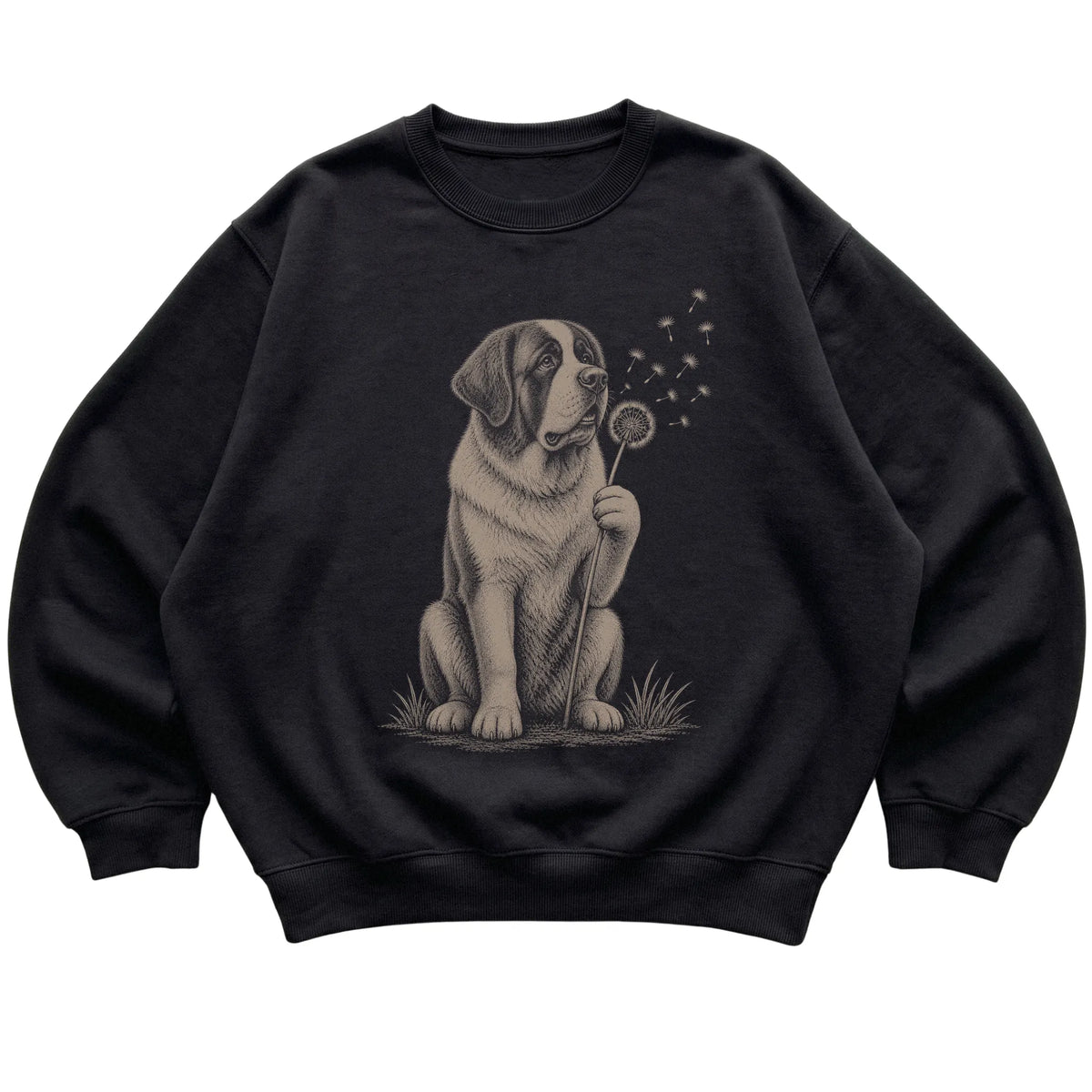 Black crewneck sweatshirt featuring Dandelion Saint Bernard, laid-flat presentation