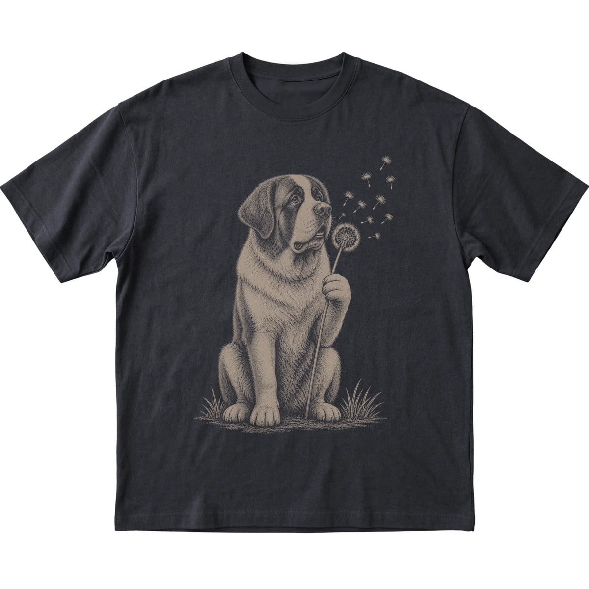 Black T-shirt featuring Dandelion Saint Bernard, laid-flat presentation