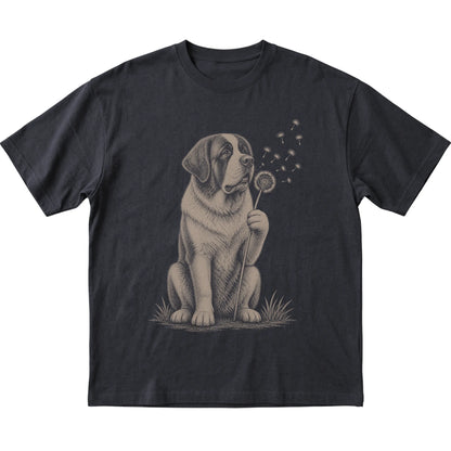 Black T-shirt featuring Dandelion Saint Bernard, laid-flat presentation