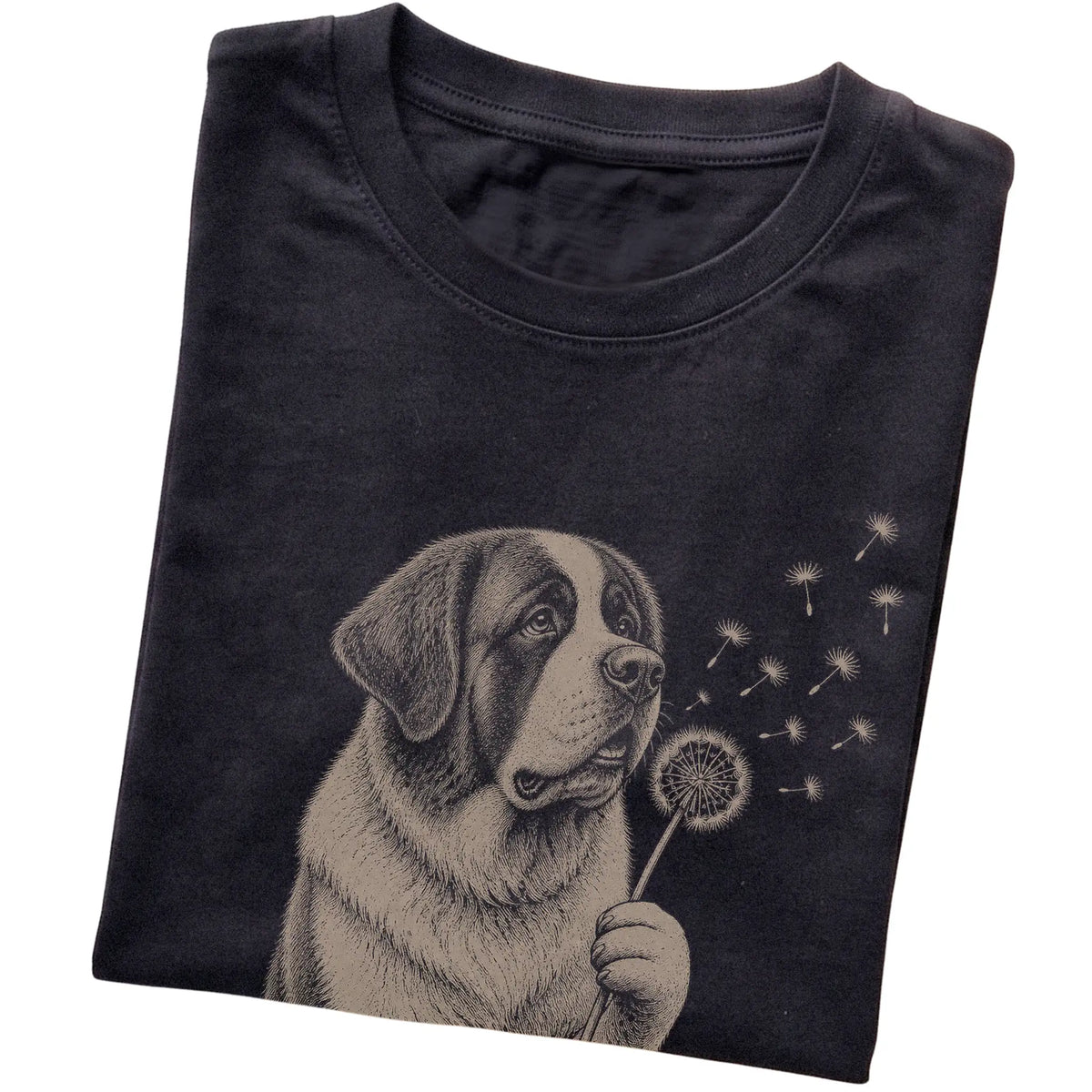 Black T-shirt featuring Dandelion Saint Bernard, folded presentation