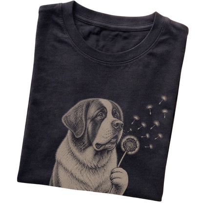Black T-shirt featuring Dandelion Saint Bernard, folded presentation