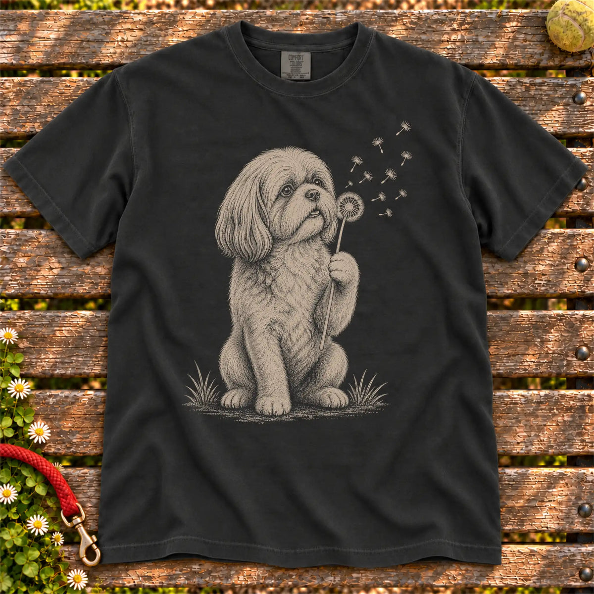 Dandelion Shih Tzu design on a Black Comfort Colors T-shirt, shown flat