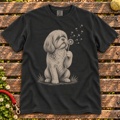 Dandelion Shih Tzu design on a Black Comfort Colors T-shirt, shown flat