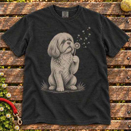 Dandelion Shih Tzu design on a Black Comfort Colors T-shirt, shown flat