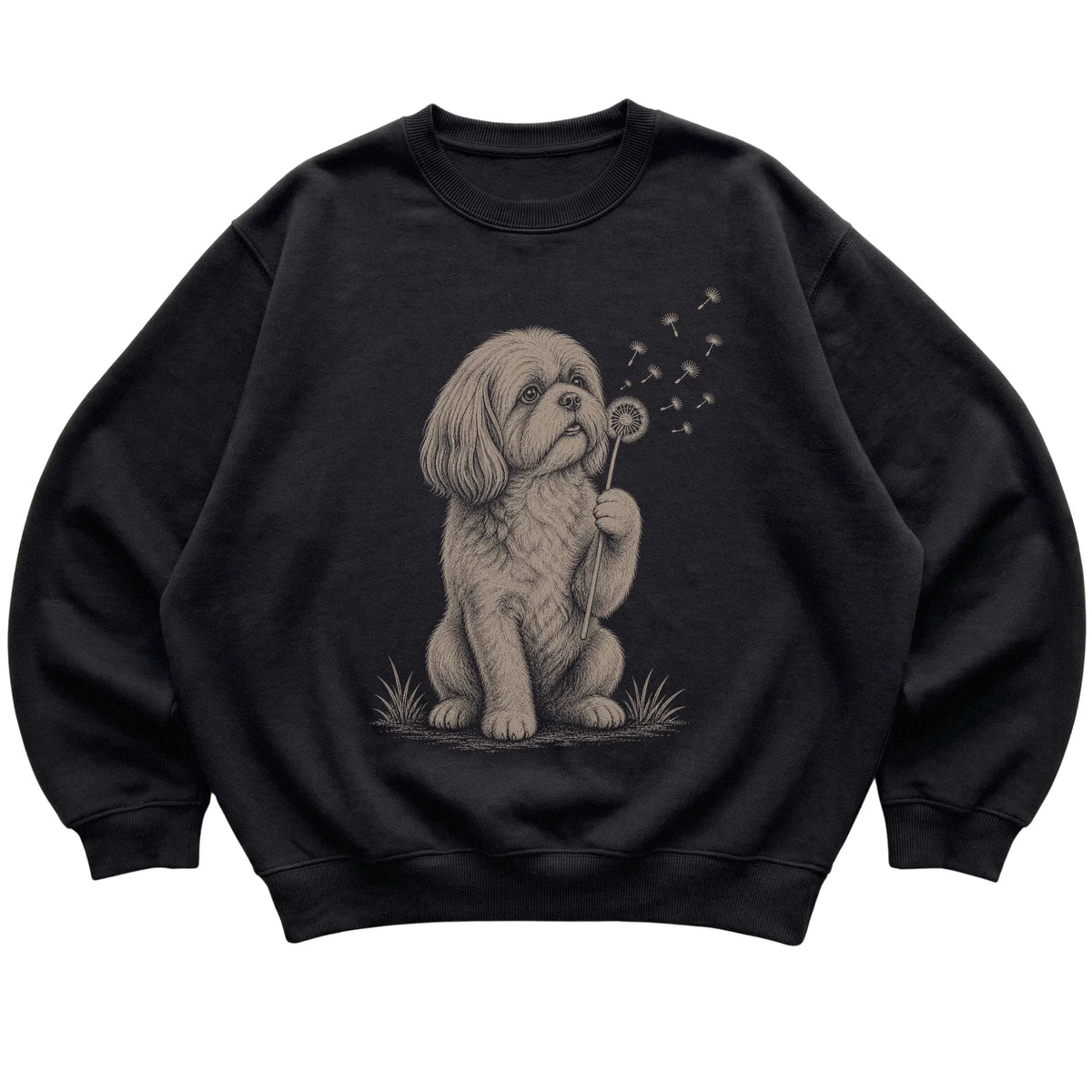 Black crewneck sweatshirt featuring Dandelion Shih Tzu, laid-flat presentation
