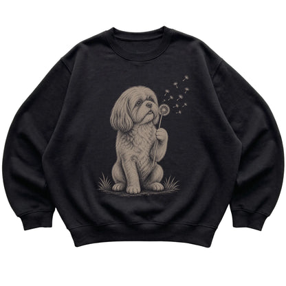 Black crewneck sweatshirt featuring Dandelion Shih Tzu, laid-flat presentation